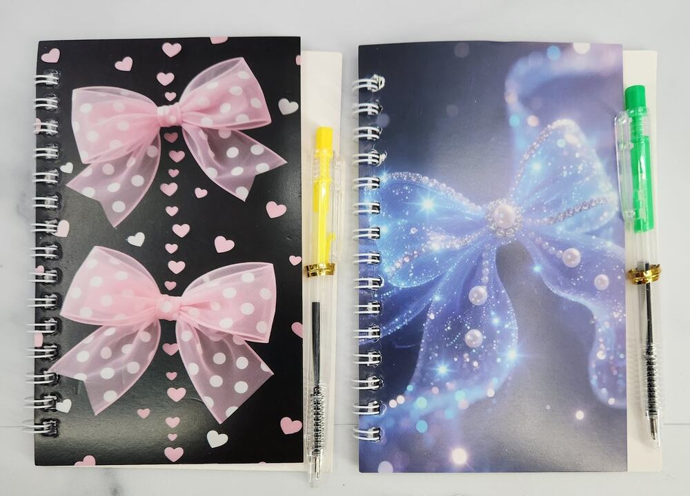 2 Spiral Pocket Notebook/Pen sets Bow Designs 4x5.5" Small Journal or Diary